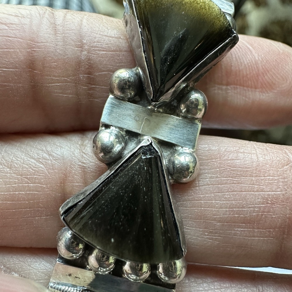 VTG Taxco Link Bracelet Size 6.5 Sheen Obsidian Signed 925 Sterling Mexico 26.1g - Picture 5 of 12